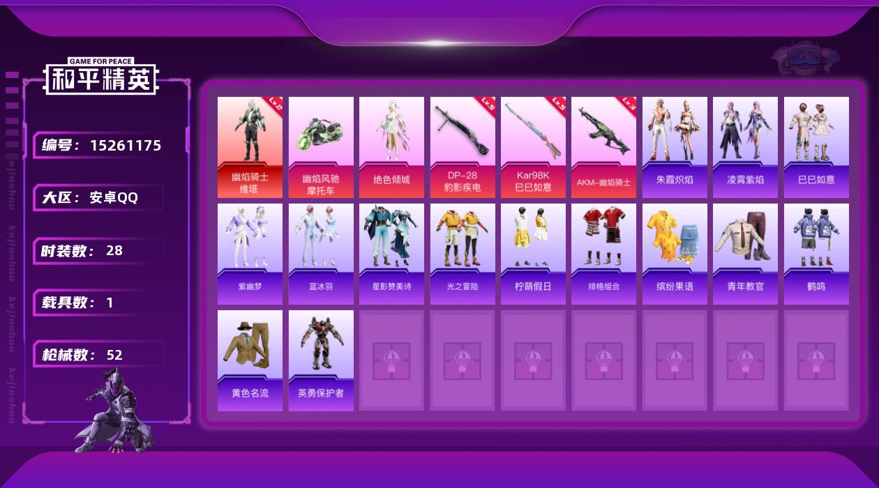 和平精英账号安卓QQ[15261175]可二次【店主推荐捡漏号！可直接换绑】/素材身法号 安卓 手Q-1神装-1粉装-3特效枪-1载具-3粉色飞行器-1.8w热力值-4王牌印记-28套装-52枪皮【红色神装等级】：幽焰骑