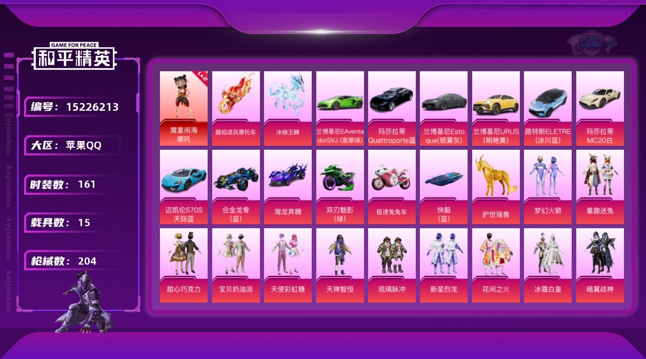 和平精英账号苹果QQ[15226213]苹果 手Q-1神装-36粉装-14特效枪-15载具-16粉色飞行器-101260热力值-7王牌印记-161套装-204枪皮
【红色神装等级】：魔童闹海-哪吒(二级)
【红色角色神装