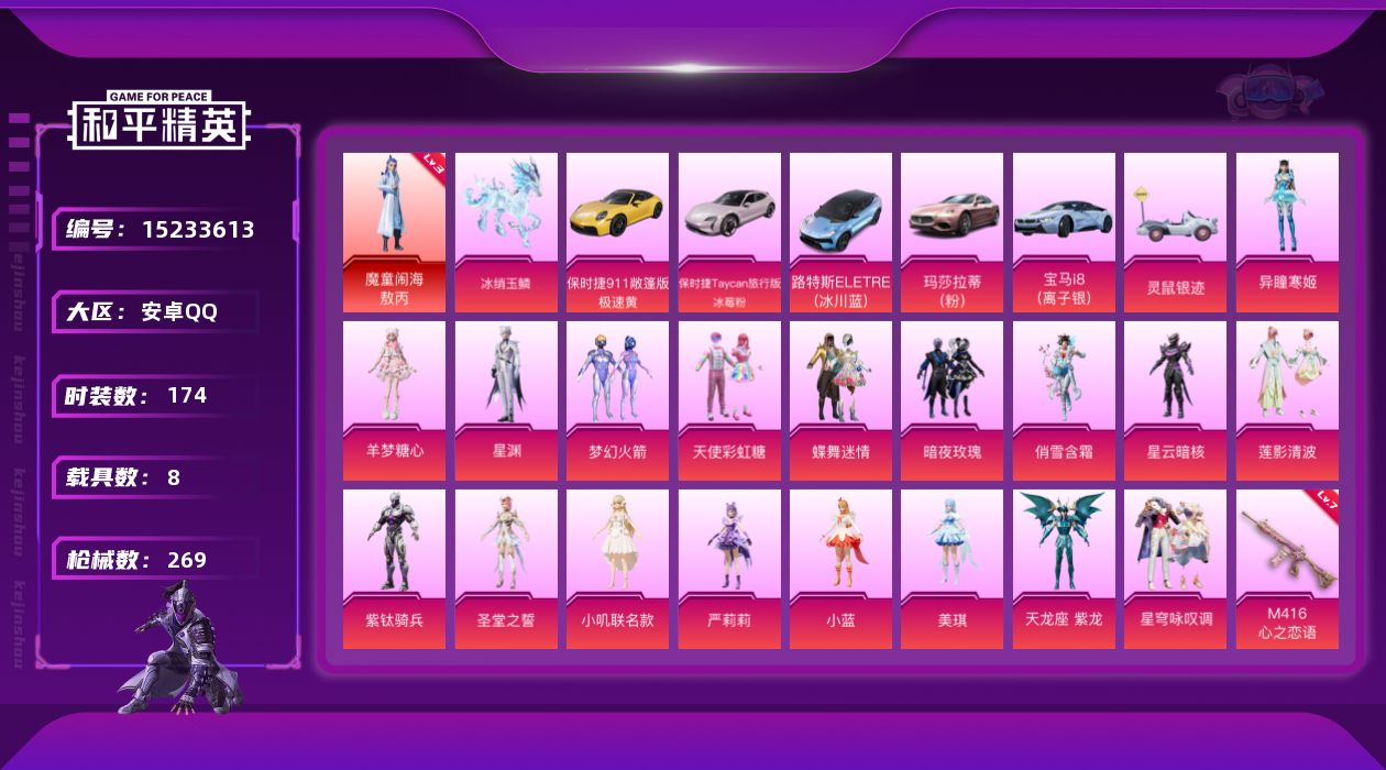 和平精英账号安卓QQ[15233613]【店主推荐捡漏号！可直接换绑】/素材身法号 安卓 手Q-1神装-18粉装-14特效枪-8载具-7粉色飞行器-10.3w热力值-11王牌印记-174套装-269枪皮【红色神装等级】：