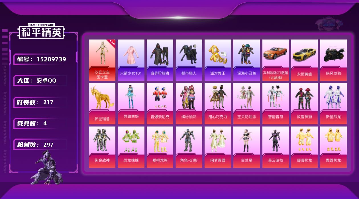 和平精英账号安卓QQ[15209739]【店主推荐捡漏号！可直接换绑】/素材身法号/绝世印记1/老101/地铁满天赋 安卓 手Q-1神装-20粉装-7特效枪-4载具-10粉色飞行器-11w热力值-14王牌印记-217套装
