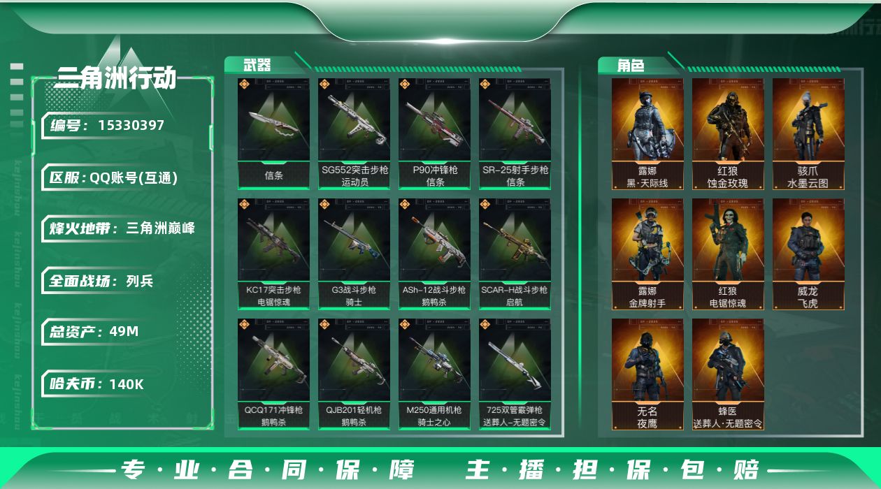 三角洲行动账号QQ49m总资产-140k哈伏币-60烽火等级-三角洲巅峰-9战场等级-列兵
【干员外观】：红狼-蚀金玫