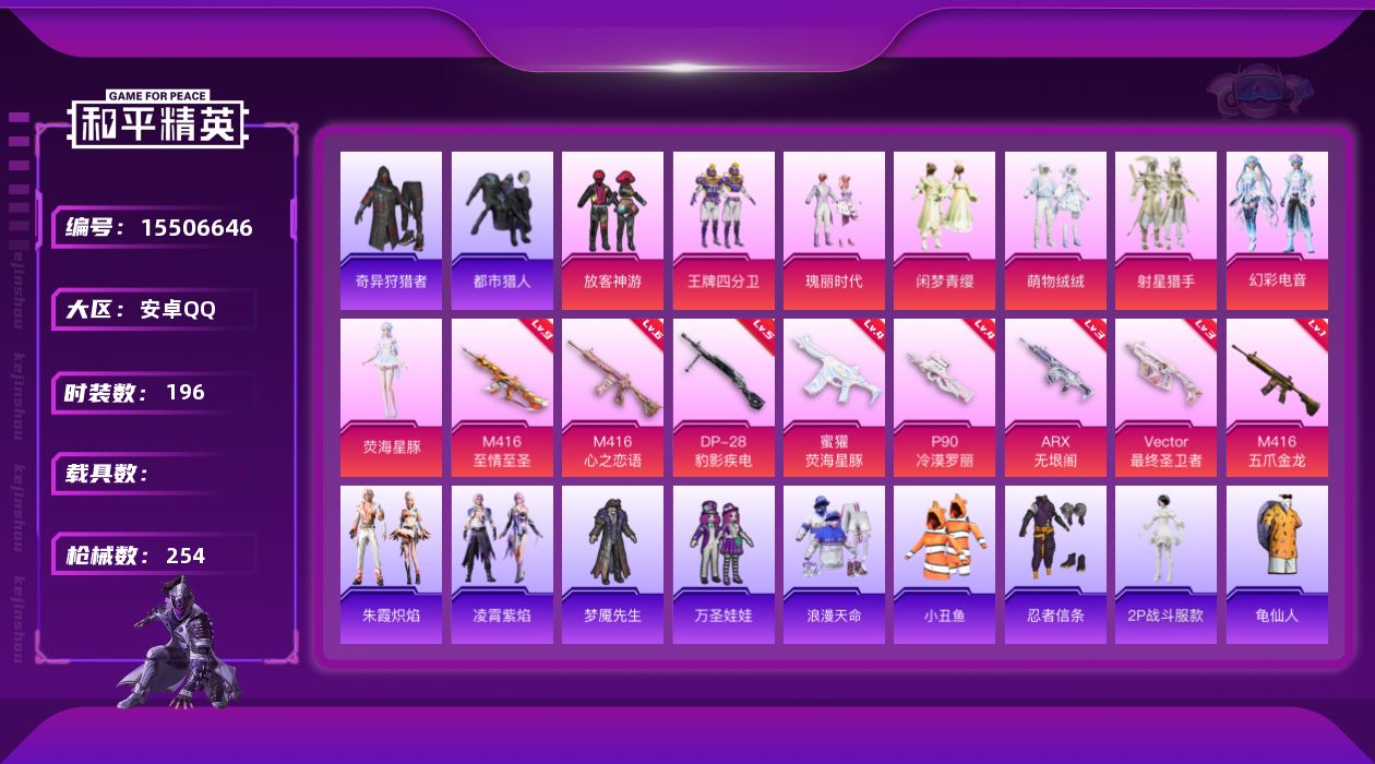 和平精英账号安卓QQ"DAS8617有二次 安卓Q-4稀有8粉装8特效枪19热门196套装254枪皮 86163热力值 