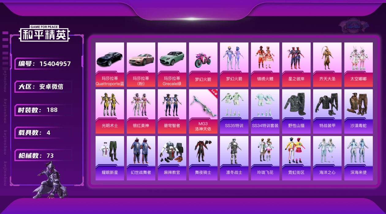 和平精英账号安卓微信8粉装 1特效枪 4.0载具 1印记 可二次 
【热门装扮】梦幻火箭(新101) ,锦绣火鲤,星之彼