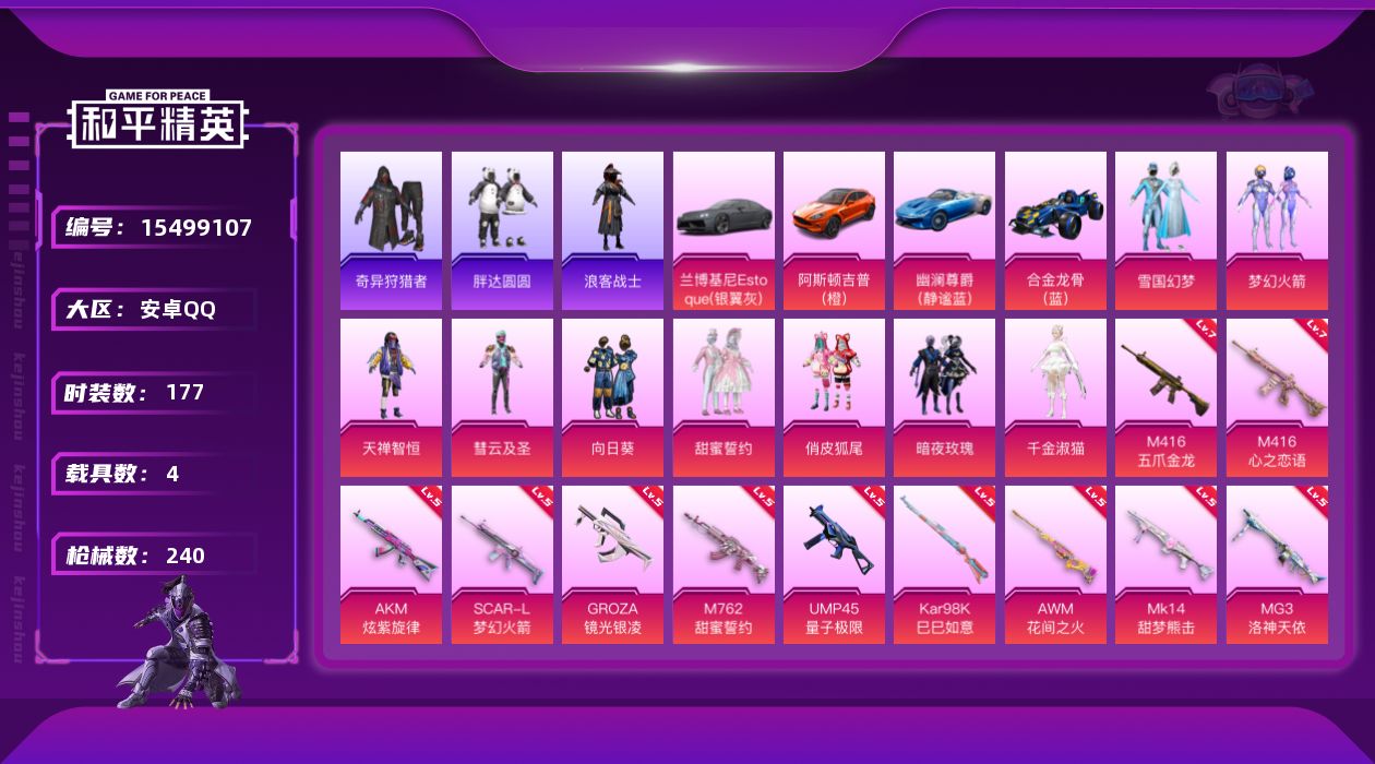 和平精英账号安卓QQ[15499107]【店主推荐捡漏号！可直接换绑】安卓 手Q-无敌战神框-9粉装-14特效枪-4载具-3粉色飞行器-86790热力值-17王牌印记-177套装-240枪皮【热门品类】：粉装-雪国幻梦，