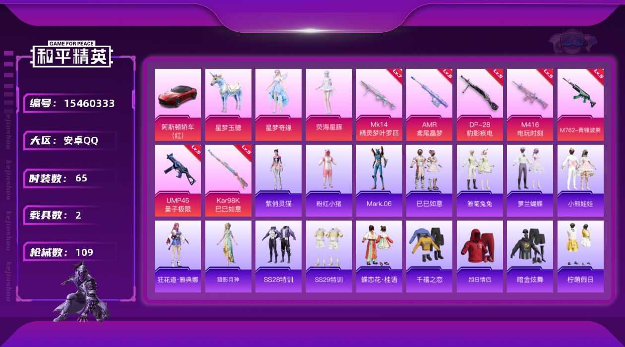 和平精英账号安卓QQ[15460333]地铁满天赋安卓 手Q-2粉装-7特效枪-2载具-5粉色飞行器-34086热力值-5王牌印记-65套装-109枪皮【热门品类】：套装-粉红小猪，角色-Mark.06【粉色套装】：角色