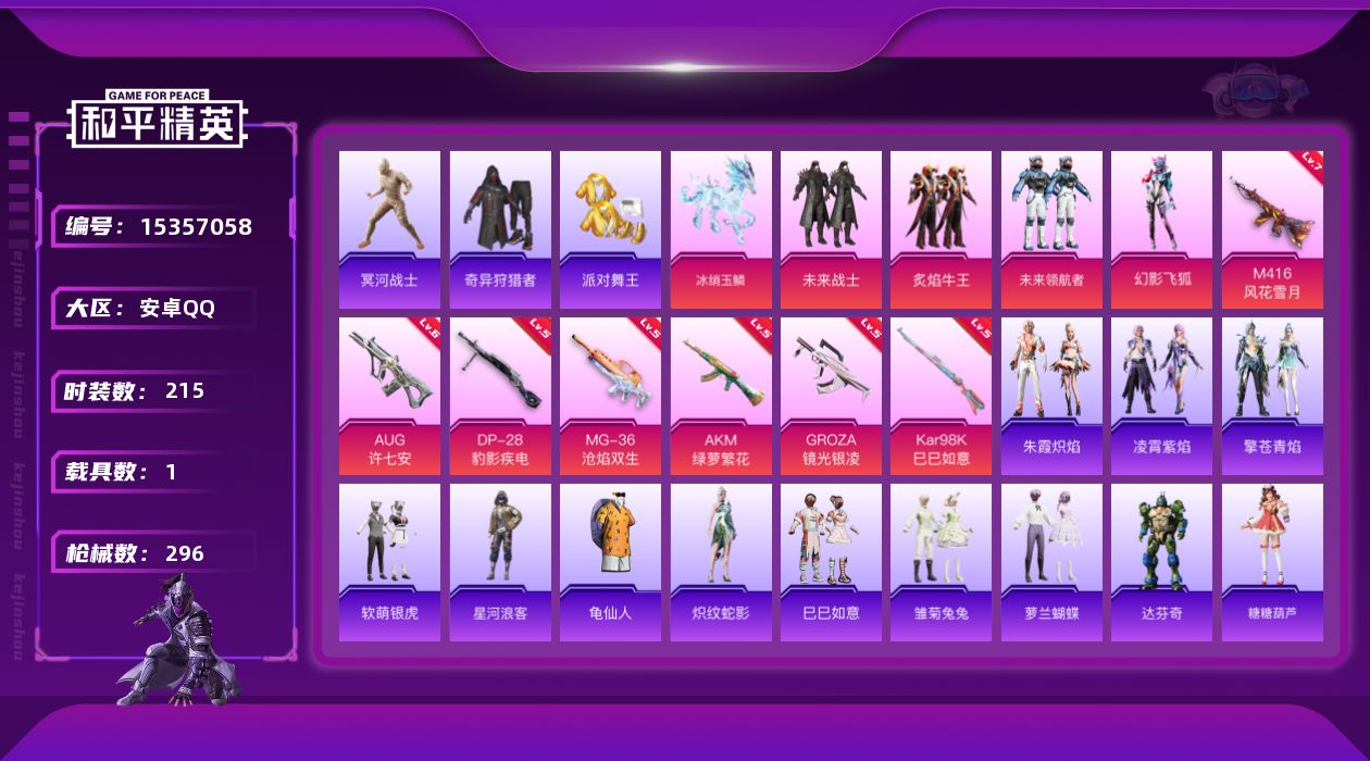 和平精英账号安卓QQ[15357058]" DFZ83（可二次）安卓Q-4稀有1载具4粉装7特效枪19热门215套装296枪皮 92245热力值 18印记 历史超级王牌14星 木乃伊 奇异狩猎者 派对舞王 派对舞王（金靴