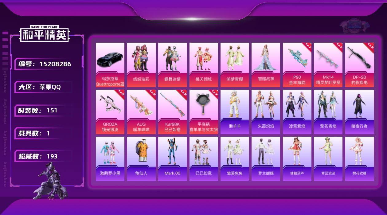 和平精英账号苹果QQ"DAS7290 包人脸 苹果Q-1载具5粉装7特效枪6热门151套装192枪皮 59834热力值 