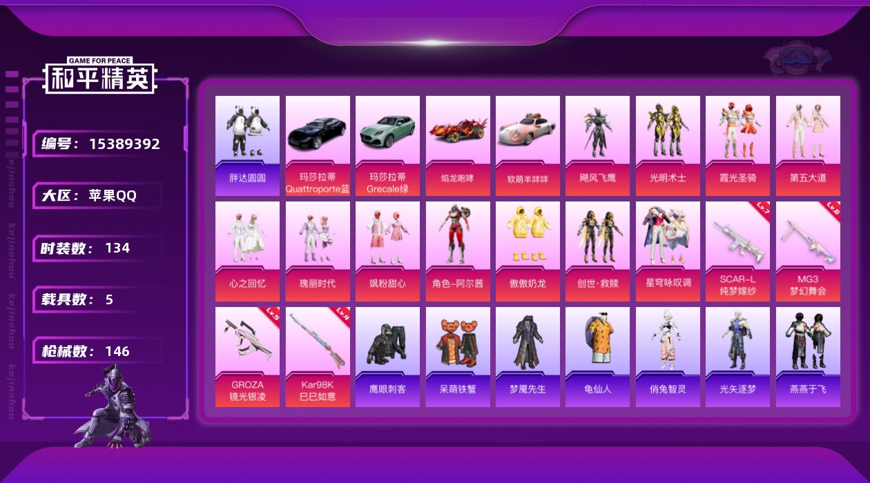 和平精英账号苹果QQ[15389392]素材身法号【特价急出/详情看图】：苹果 手Q-11粉装-4特效枪-5载具-1粉色飞行器-5.6w热力值-10王牌印记-134套装-146枪皮【热门品类】：套装-胖达圆圆，套装-龟仙