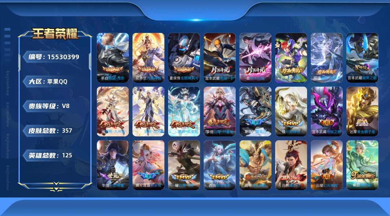 王者荣耀账号苹果QQ[15530399]实名: 可修改 贵族等级: V8 英雄数: 125 皮肤数: 357 荣耀水晶: