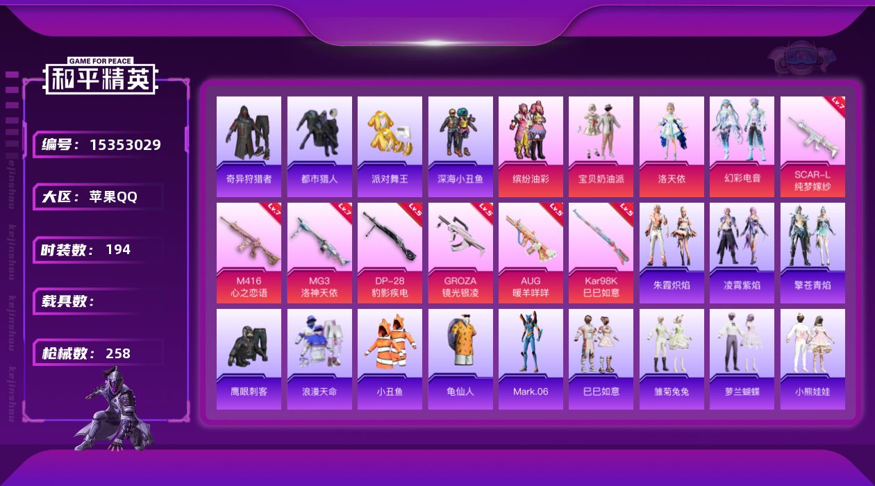 和平精英账号苹果QQ[15353029]"DFZ6 钱包无法注销 可二次 苹果Q-8稀有4粉装7特效枪19热门194套装257枪皮 79444热力值 15印记 历史传奇王牌18星 奇异狩猎者 M416-黄金龙骨 AWM-