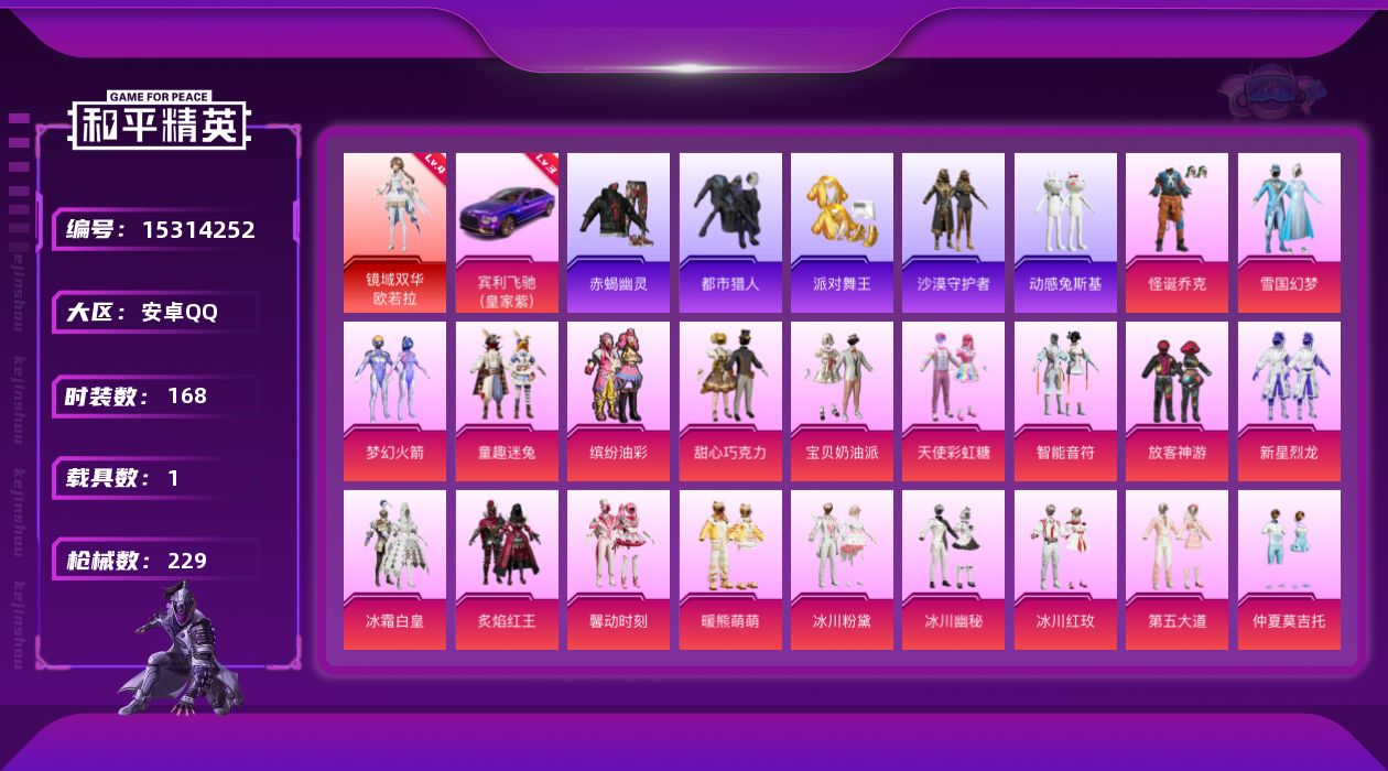 和平精英账号安卓QQ[15314252]"DF324有二次 安卓Q-1红装4稀有1载具25粉装8特效枪11热门168套装229枪皮 87811热力值 16印记 历史无敌战神  镜域双华-欧若拉 (4级)  赤蝎幽灵 都市