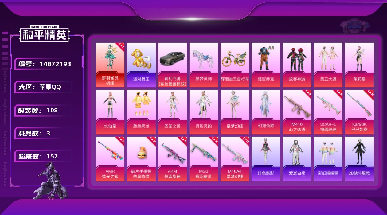 和平精英账号苹果QQ[14872193]" DFX131有二次苹果Q-1红装2稀有3载具10粉装8特效枪6热门108套装152枪皮 56913热力值 9印记 历史卓越王牌10星  辉羽雀灵-初翊 (1级) 派对舞王（金靴
