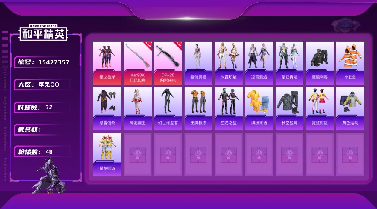 和平精英账号苹果QQ[15427357]【特价出售/店主推荐】 苹果 手Q-1粉装-2特效枪-0载具-1粉色飞行器-14639热力值-4王牌印记-32套装-48枪皮【热门品类】：套装-小丑鱼，套装-忍者信条【粉色套装】：