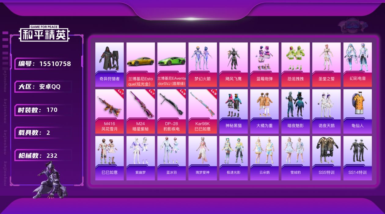 和平精英账号安卓QQ[15510758]【店主推荐捡漏号！可直接换绑】安卓 手Q-6粉装-4特效枪-2载具-6粉色飞行器-79988热力值-12王牌印记-170套装-232枪皮【热门品类】：粉装-梦幻火箭，套装-奇异狩猎