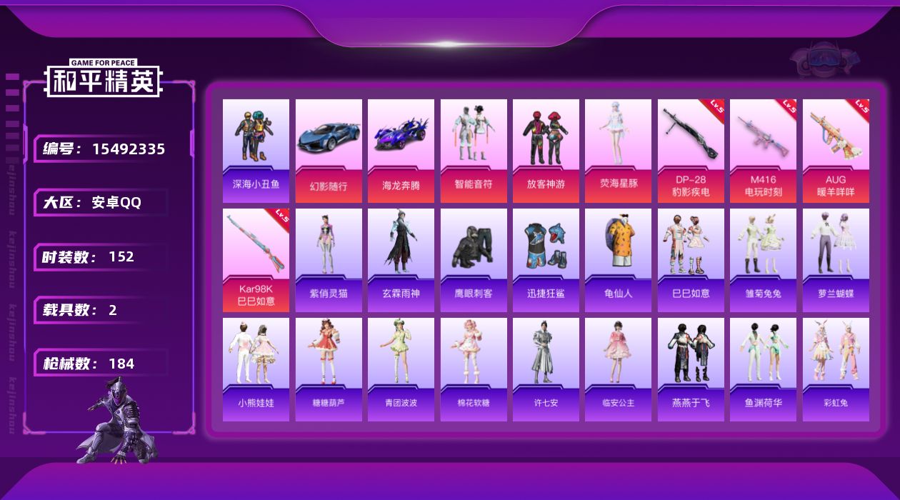 和平精英账号安卓QQ[15492335]可二次【店主推荐捡漏号！可直接换绑】安卓 手Q-3粉装-4特效枪-2载具-1粉色飞行器-54266热力值-10王牌印记-152套装-184枪皮【热门品类】：套装-深海小丑鱼，套装-
