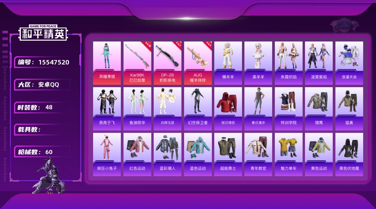 和平精英账号安卓QQ[15547520]【特价出售/店主推荐】安卓 手Q-1粉装-3特效枪-0载具-1粉色飞行器-15159热力值-1王牌印记-48套装-60枪皮【热门品类】：套装-浪漫天命【粉色套装】：角色-异瞳寒姬【