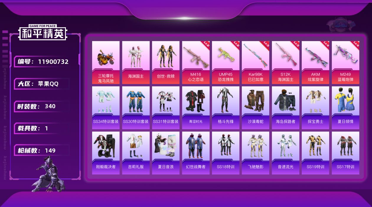 和平精英账号苹果QQ.【店长推荐精品号】8王牌印记2卓越1传奇1绝世 53级收藏家 46594热力值 载具鬼马风驰 6粉枪 2粉装 11粉降落伞 2粉滑翔尾迹..