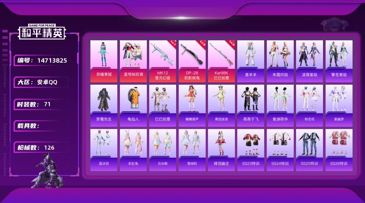 和平精英账号安卓QQ[14713825]安卓 手Q-2粉装-3特效枪-32288热力值-5王牌印记-71套装-126枪皮
【热门品类】：套装-龟仙人
【粉色套装】：粉装-星穹咏叹调，角色-异瞳寒姬
【粉色枪皮等级】：Ka