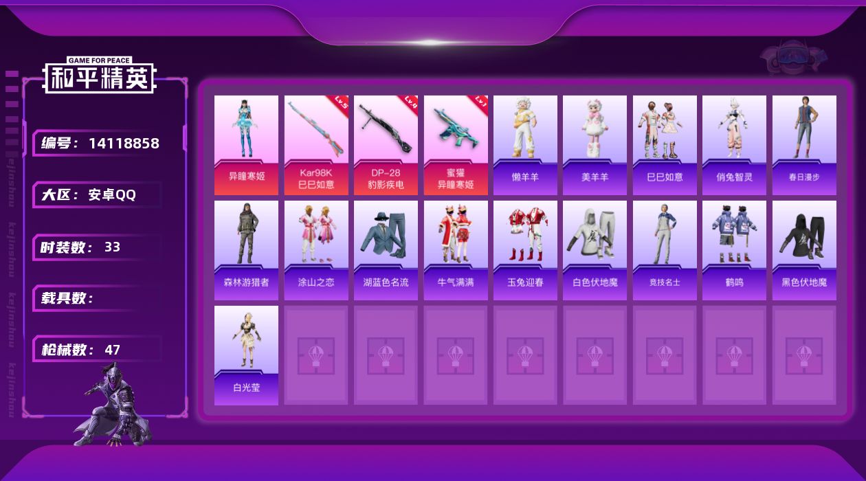 和平精英账号安卓QQ[14118858]安卓 手Q-满天赋1粉装-3特效枪-0载具-0粉色飞行器-12777热力值-1王牌印记-33套装-47枪皮
【粉色套装】：角色-异瞳寒姬
【粉色枪皮等级】：蜜獾-异瞳寒姬(一级)，