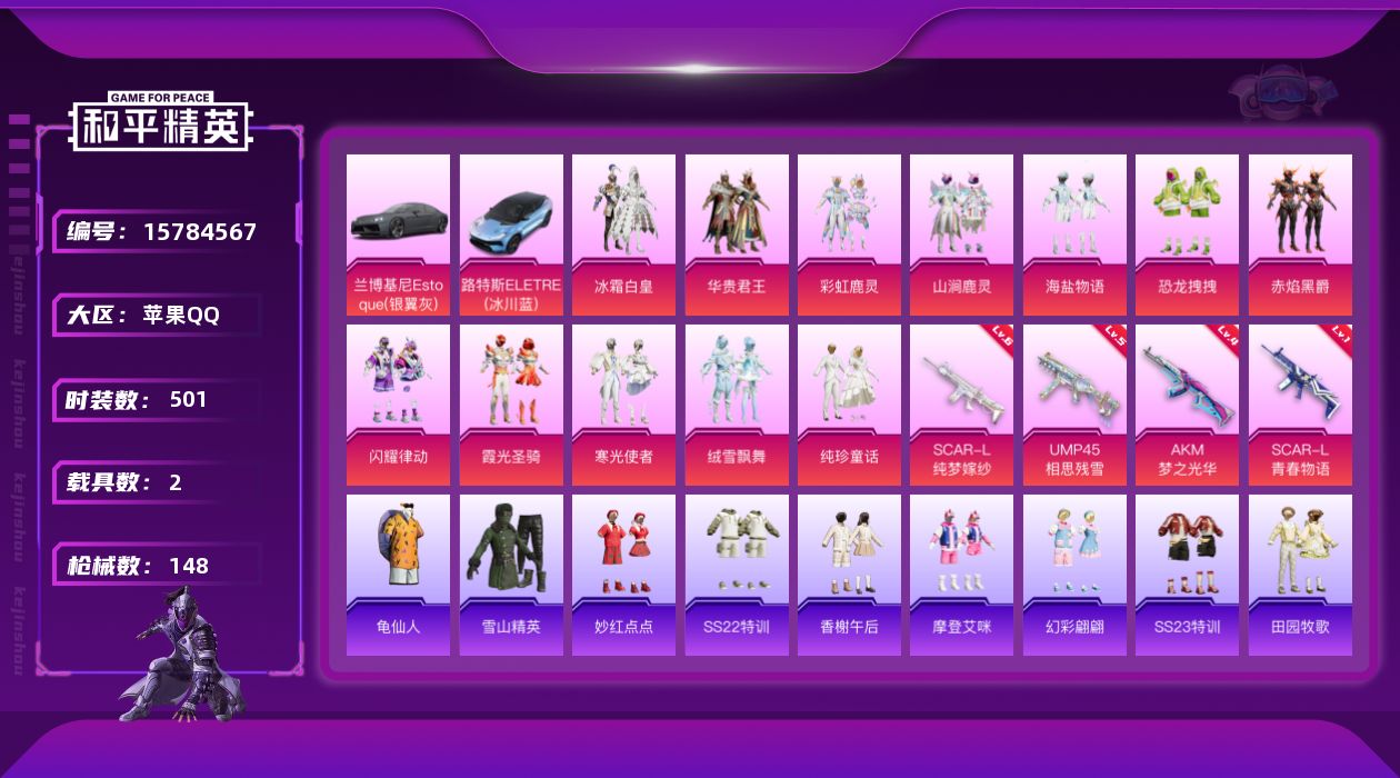 和平精英账号苹果QQ2载具-127套装-148枪皮-2载具12粉装4特效枪20热门127套装148枪皮 52760热力值