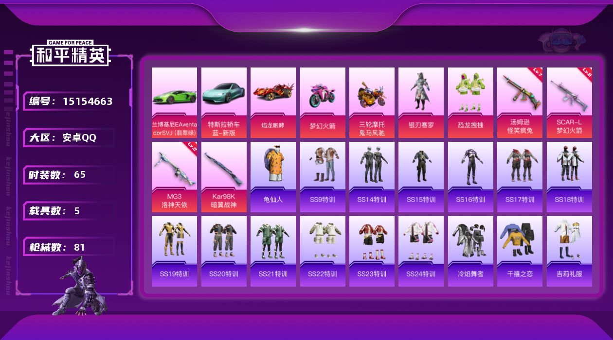 和平精英账号安卓QQ[15154663]可二次【店主推荐捡漏号！可直接换绑】 安卓 手Q-2粉装-4特效枪-5载具-1粉色飞行器-3.4热力值-3王牌印记-65套装-81枪皮【热门品类】：套装-龟仙人【粉色载具】：特斯拉
