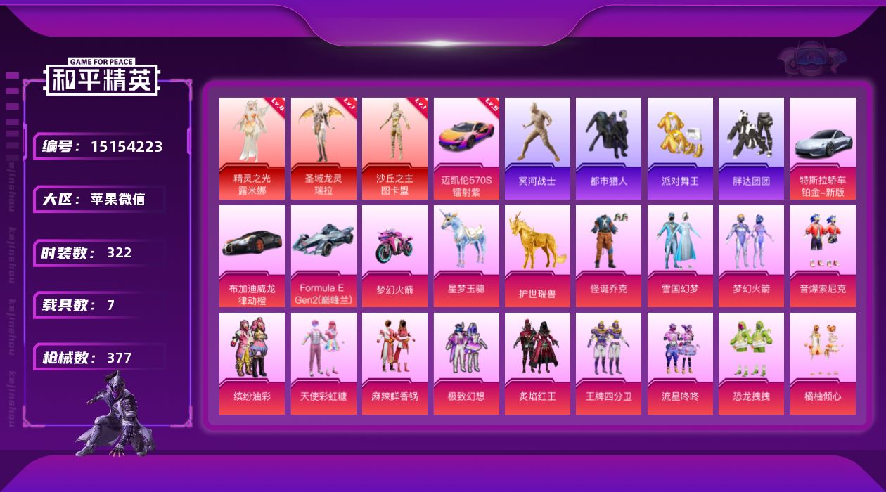 和平精英账号苹果微信[15154223]苹果 微信-无敌战神框-3神装-24粉装-12特效枪-7载具-11粉色飞行器-149014热力值-28王牌印记-322套装-377枪皮
【素材身法号-详情看图】4级露米娜！图卡盟！