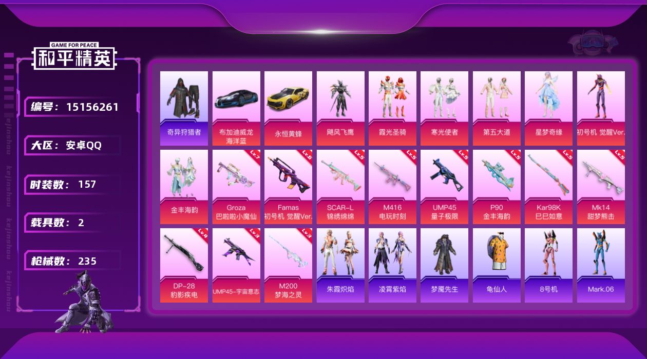 和平精英账号安卓QQ[15156261]【店主推荐捡漏号！可直接换绑】/素材身法号/地铁满天赋 安卓 手Q-7粉装-11特效枪-2载具-4粉色飞行器-7.8w热力值-8王牌印记-157套装-235枪皮【热门品类】：套装-