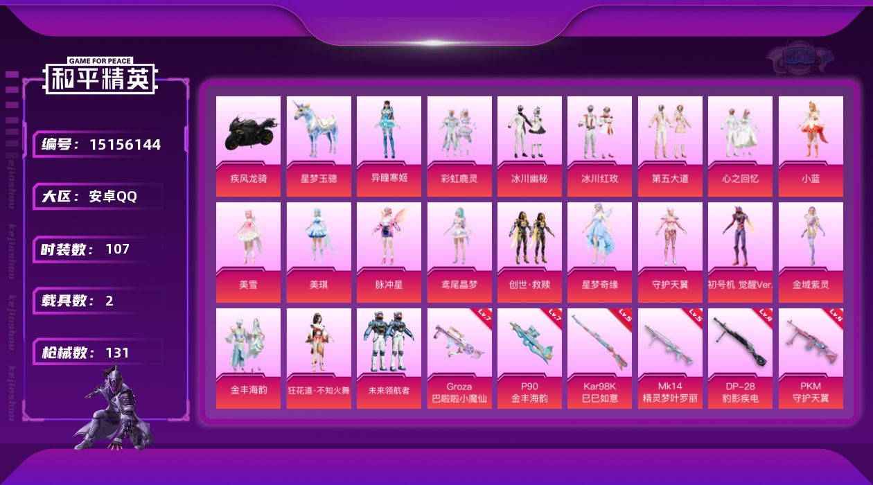 和平精英账号安卓QQ[15156144]安卓 手Q-觉醒螳螂-21粉装-12特效枪-2载具-5粉色飞行器-55051热力值-5王牌印记-107套装-131枪皮
【热门品类】：套装-浪漫天命，套装-软软马卡龙，角色-8号机