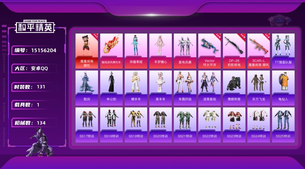 和平精英账号安卓QQ[15156204]可二次【店主推荐捡漏号！可直接换绑】/素材身法号 安卓 手Q-1神装-3粉装-3特效枪-1载具-4粉色飞行器-4.3w热力值-11王牌印记-131套装-134枪皮【红色神装等级】：