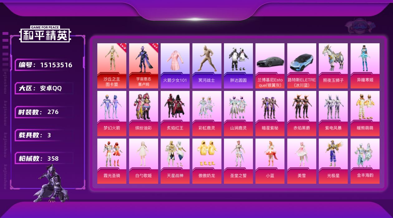 和平精英账号安卓QQ[15153516]素材身法号/老木乃伊/老101/地铁满天赋 安卓 手Q-2神装-22粉装-13特效枪-3载具-10粉色飞行器-12.7w热力值-18王牌印记-276套装-358枪皮【红色神装等级】