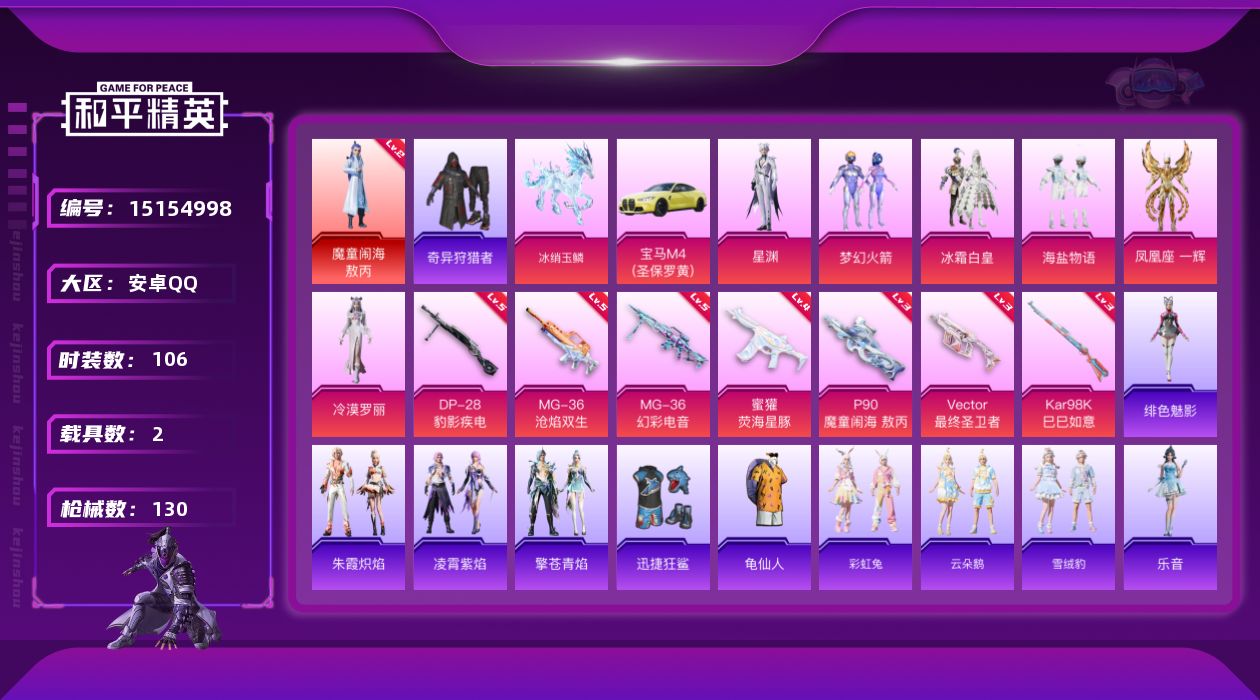 和平精英账号安卓QQ[15154998]【店主推荐捡漏号！可直接换绑】/素材身法号/地铁满天赋 安卓 手Q-1神装-6粉装-7特效枪-2载具-7粉色飞行器-4.6w热力值-4王牌印记-106套装-130枪皮【红色神装等级