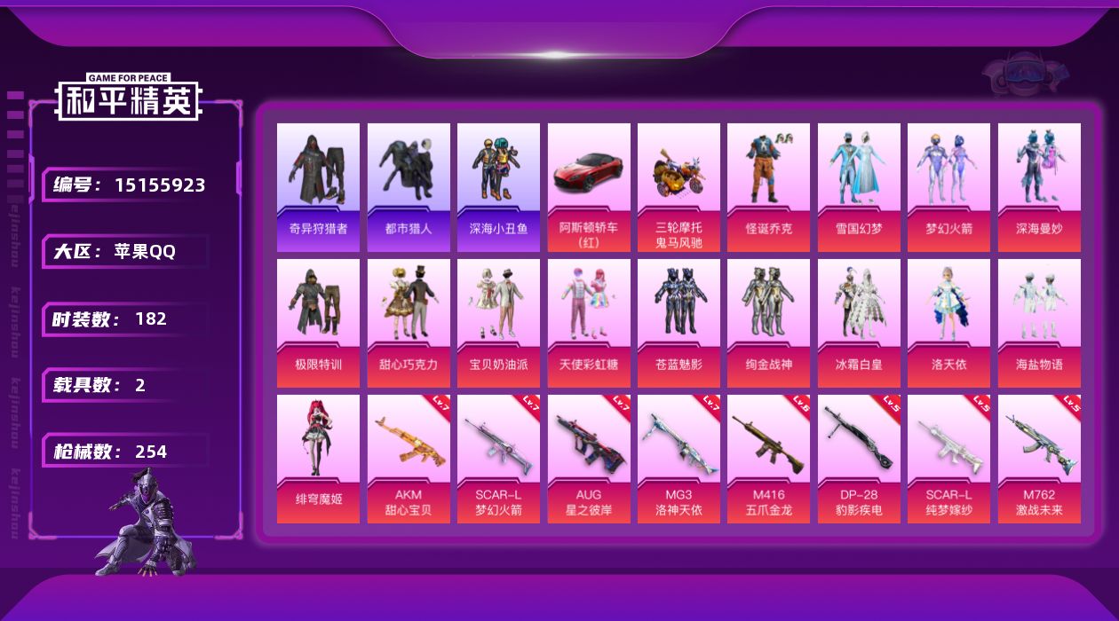 和平精英账号苹果QQ[15155923]【店主推荐捡漏号！可直接换绑】/素材身法号/无敌战神框1 苹果 手Q-无敌战神框-14粉装-10特效枪-2载具-3粉色飞行器-9.2w热力值-22王牌印记-182套装-254枪皮【