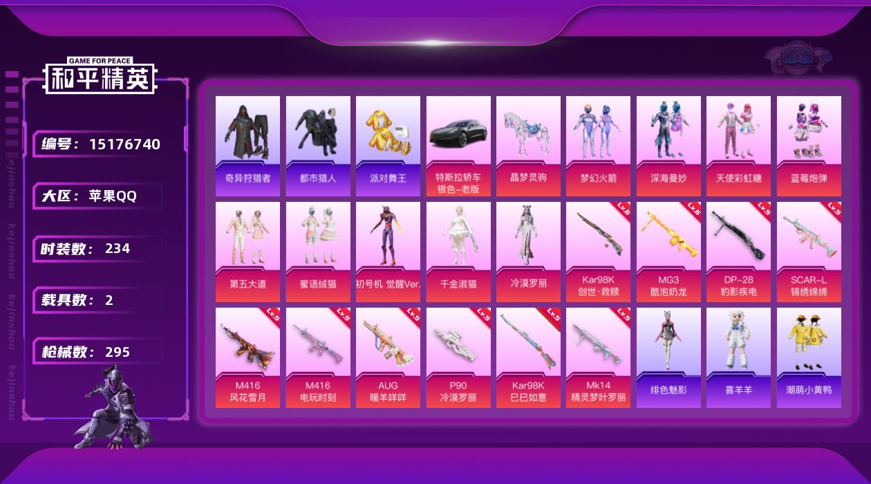 和平精英账号苹果QQ[15176740]【特价出售/店主推荐】苹果 手Q-9粉装-10特效枪-2载具-7粉色飞行器-9.9w热力值-14王牌印记-234套装-295枪皮
【热门品类】：粉装-梦幻火箭，套装-都市猎人，套装