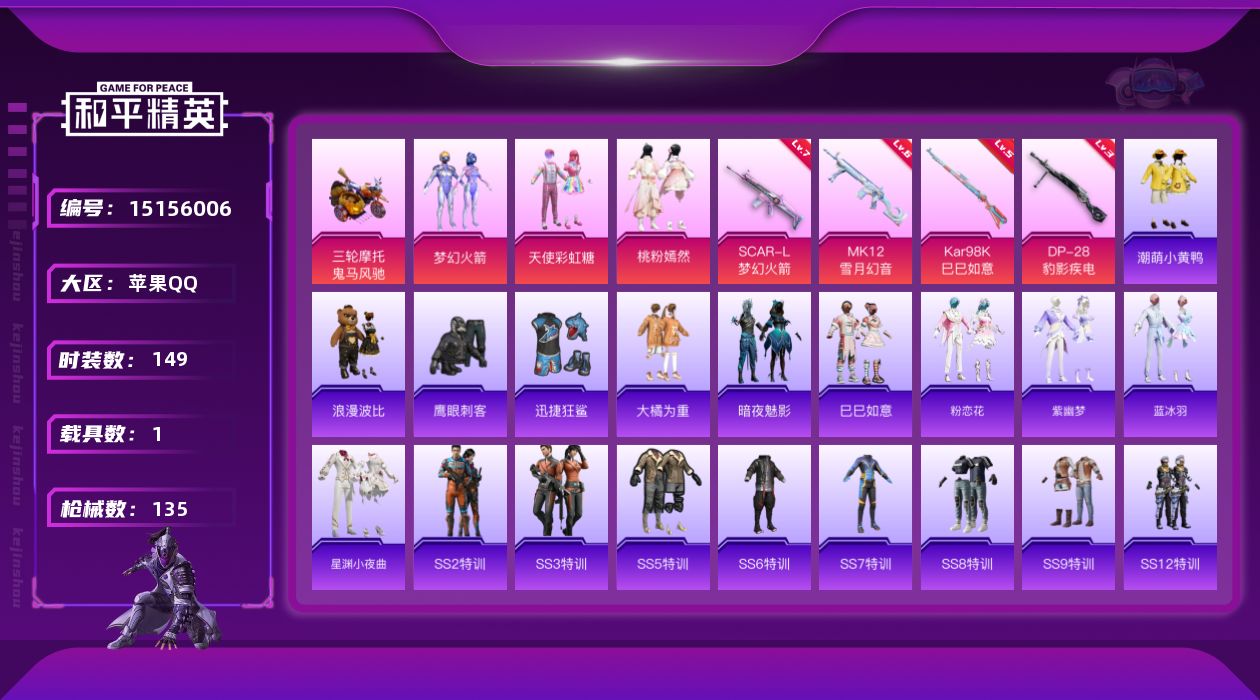 和平精英账号苹果QQ[15156006]可二次【店主推荐捡漏号！可直接换绑】 苹果 手Q-3粉装-4特效枪-1载具-2粉色飞行器-4.7w热力值-4王牌印记-149套装-135枪皮【热门品类】：粉装-梦幻火箭，套装-潮萌