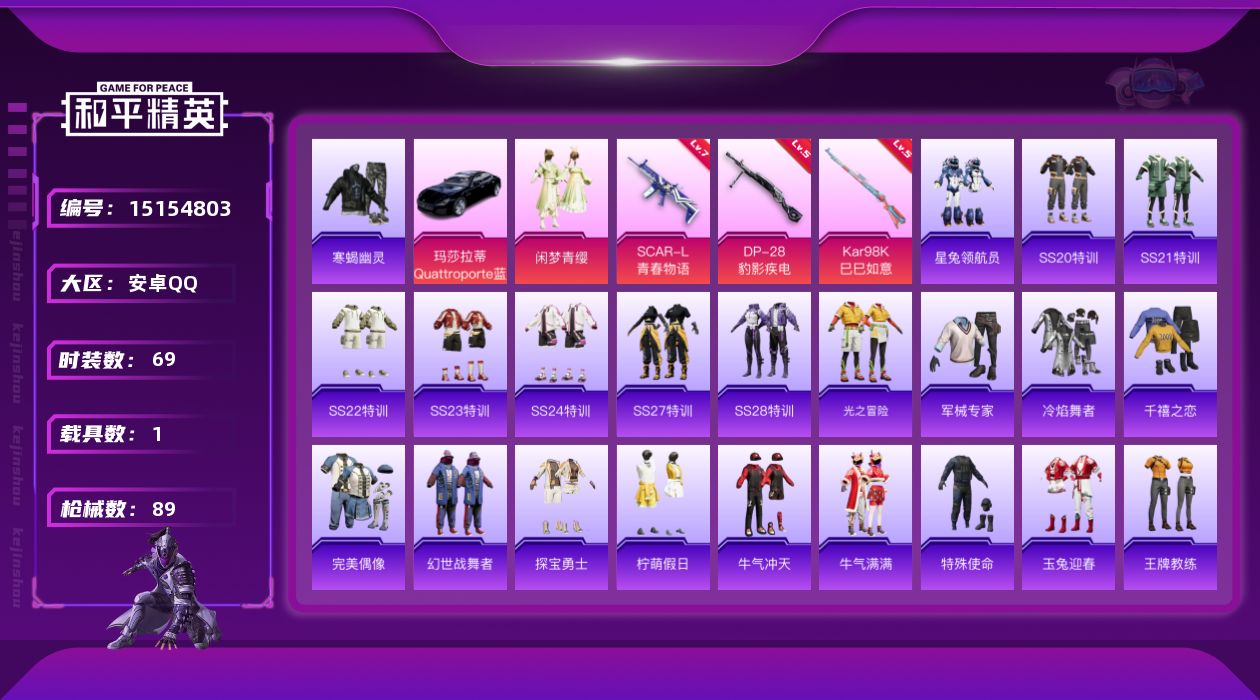 和平精英账号安卓QQ[15154803]可二次【店主推荐捡漏号！可直接换绑】 安卓 手Q-1粉装-3特效枪-1载具-2粉色飞行器-3w热力值-5王牌印记-69套装-89枪皮【热门品类】：套装-寒蝎幽灵【粉色载具】：玛莎拉