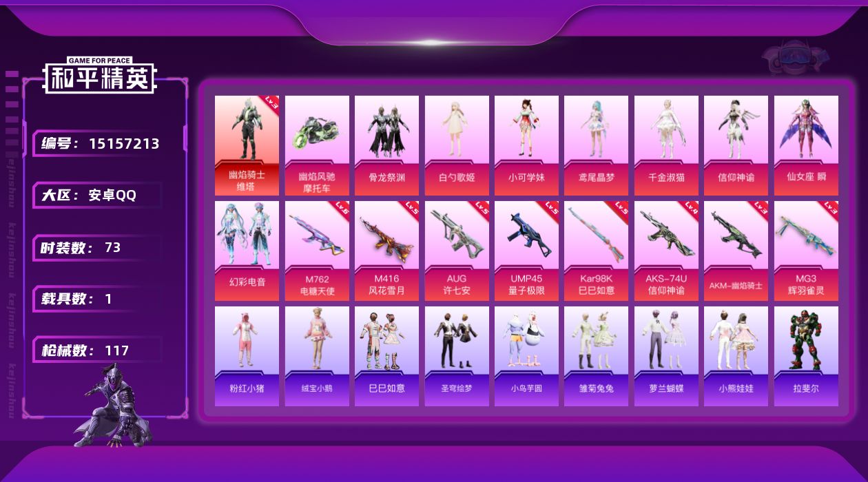 和平精英账号安卓QQ[15157213]【店主推荐捡漏号！可直接换绑】/素材身法号/地铁满天赋 安卓 手Q-1神装-8粉装-8特效枪-1载具-5粉色飞行器-4.1w热力值-5王牌印记-73套装-117枪皮【红色神装等级】
