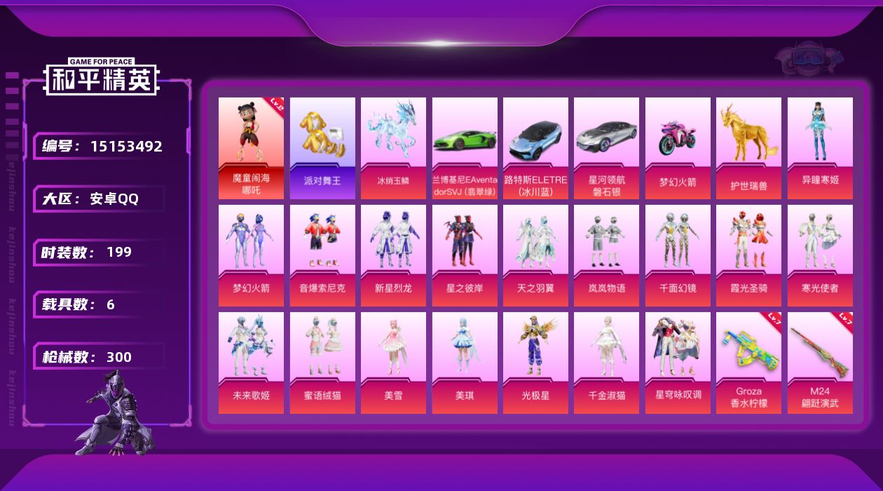 和平精英账号安卓QQ[15153492]可二次【店主推荐捡漏号！可直接换绑】/地铁满天赋 安卓 手Q-1神装-17粉装-10特效枪-6载具-8粉色飞行器-10.4w热力值-16王牌印记-199套装-300枪皮【红色神装等
