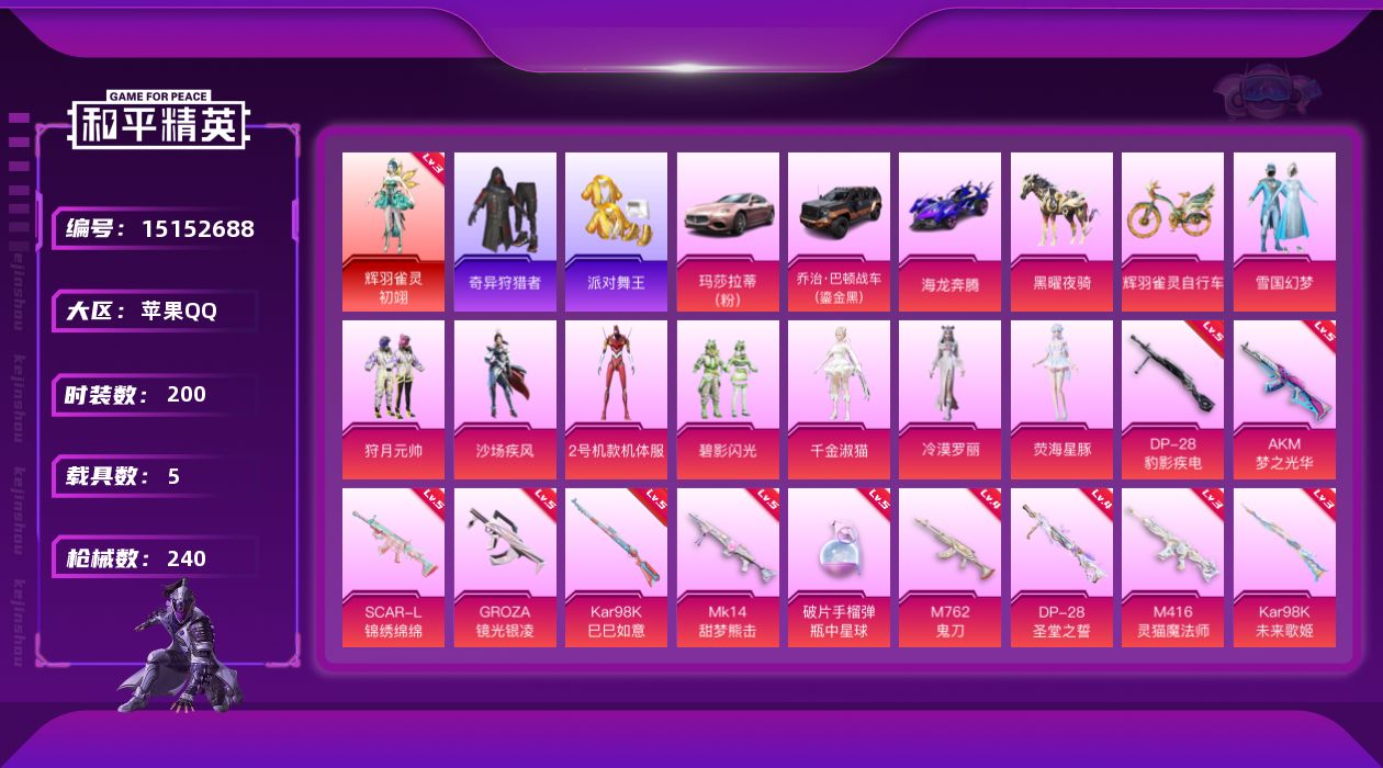 和平精英账号苹果QQ[15152688]素材身法号/绝世印记4/地铁满天赋 苹果 手Q-1神装-8粉装-14特效枪-5载具-6粉色飞行器-8.4w热力值-12王牌印记-200套装-240枪皮【红色神装等级】：辉羽雀灵-初