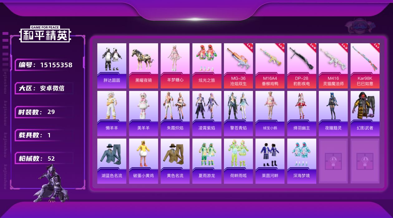 和平精英账号安卓微信[15155358]可二次【店主推荐捡漏号！可直接换绑】安卓 微信-2粉装-5特效枪-1载具-2粉色飞行器-1.8w热力值-4王牌印记-29套装-52枪皮【热门品类】：套装-胖达圆圆【粉色载具】：黑曜
