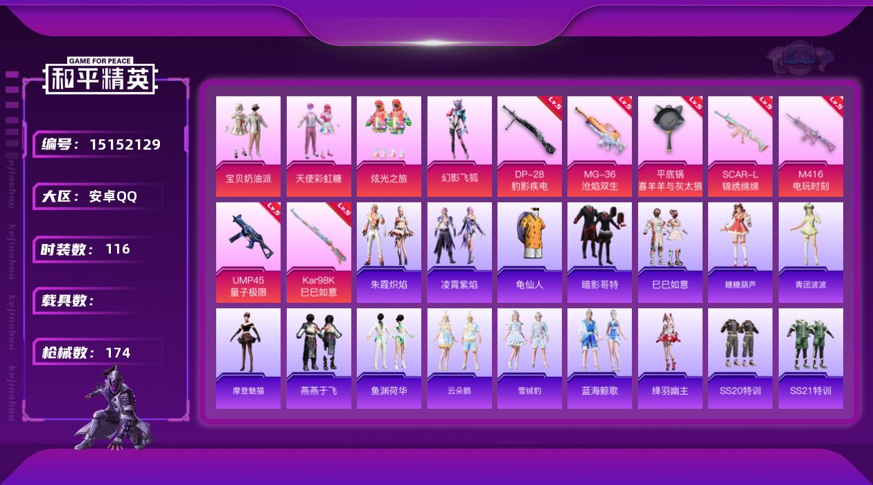 和平精英账号安卓QQ[15152129]安卓 手Q-4粉装-7特效枪-4.8w热力值-6王牌印记-116套装-174枪皮【热门品类】：套装-龟仙人，套装-暗影哥特【粉色套装】：粉装-宝贝奶油派，粉装-天使彩虹糖，粉装-炫
