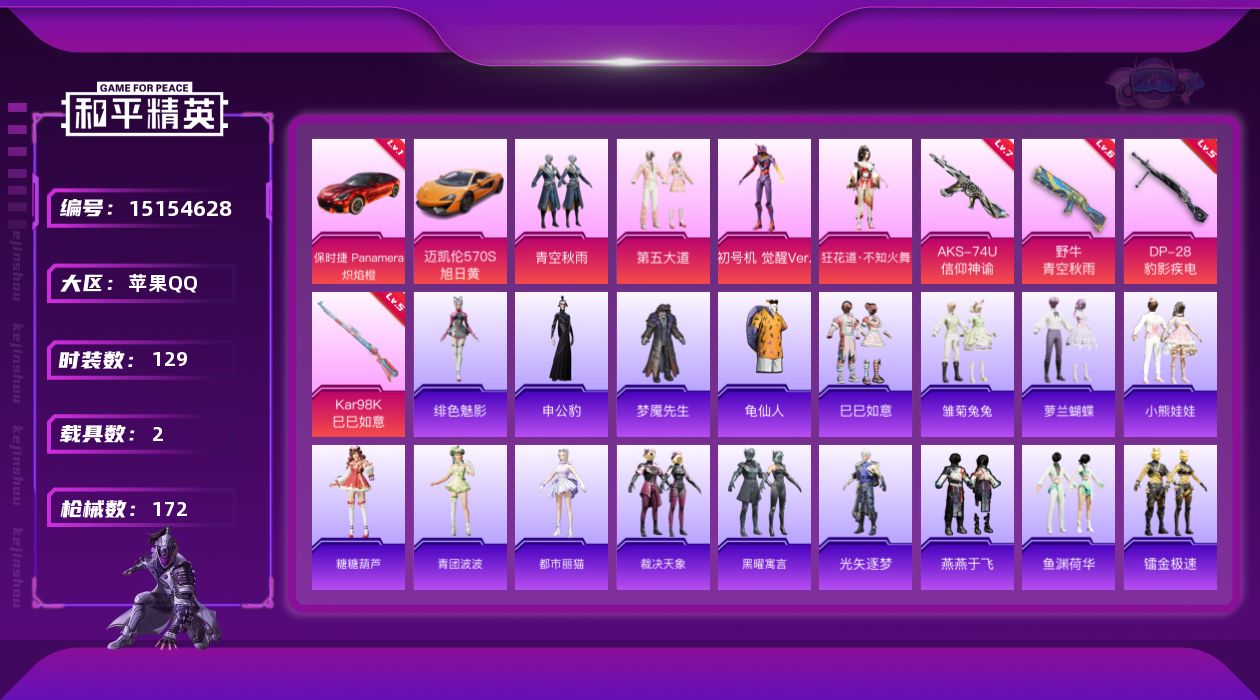 和平精英账号苹果QQ[15154628]【店主推荐捡漏号！可直接换绑】/素材身法号 苹果 手Q-4粉装-4特效枪-2载具-4粉色飞行器-5.4w热力值-10王牌印记-129套装-172枪皮【红色载具】：保时捷Paname