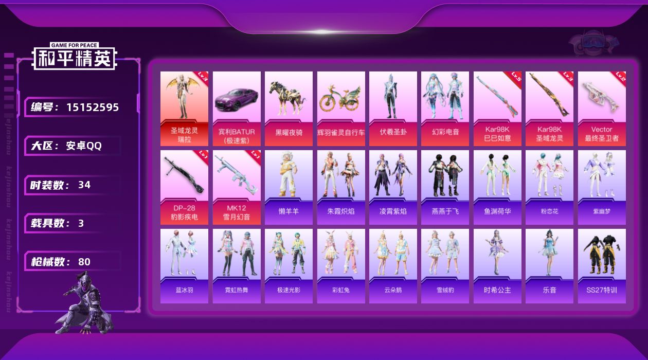 和平精英账号安卓QQ[15152595]素材身法号/扭蛋碎片732/璀璨碎片734 安卓 手Q-1神装-2粉装-5特效枪-3载具-4粉色飞行器-2.8w热力值-3王牌印记-34套装-80枪皮【红色神装等级】：圣域龙灵-瑞