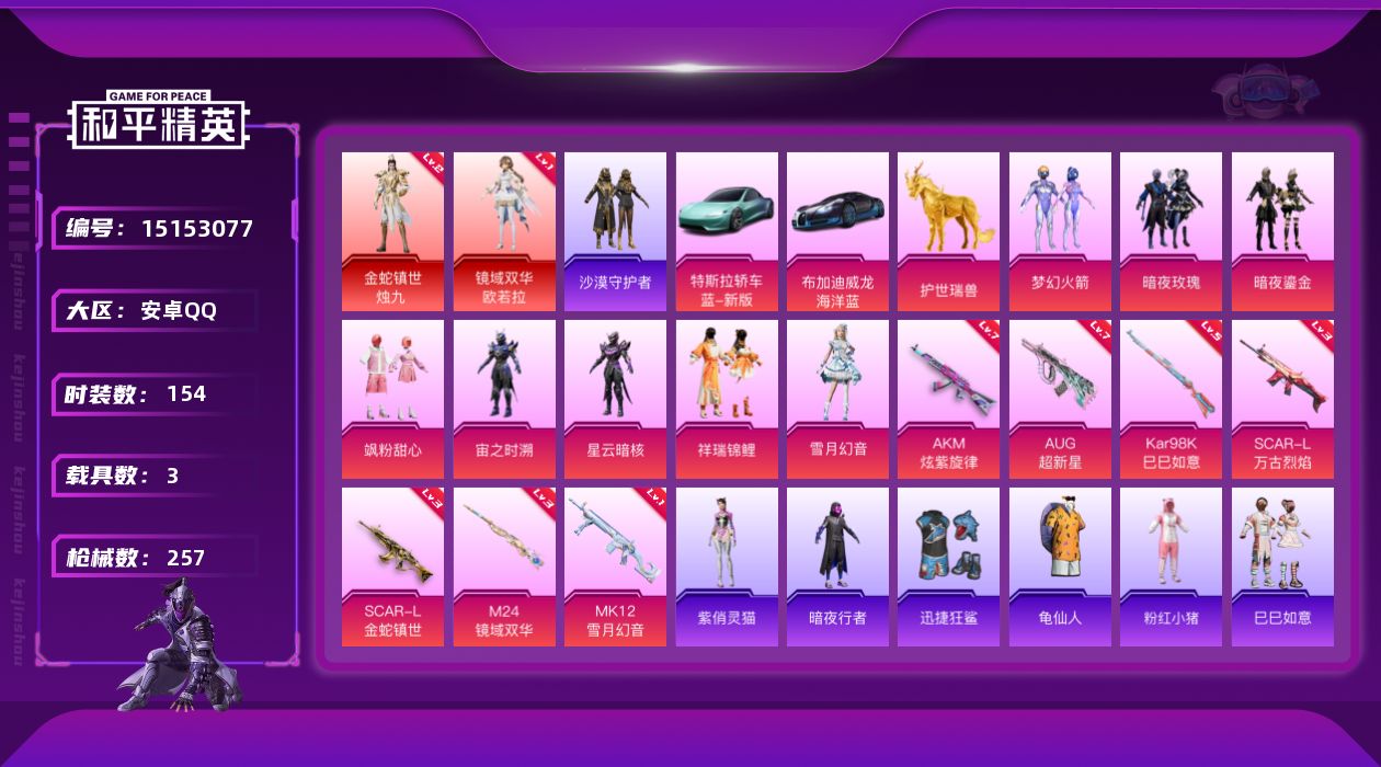 和平精英账号安卓QQ[15153077]【店主推荐捡漏号！可直接换绑】/素材身法号/地铁满天赋 安卓 手Q-2神装-8粉装-7特效枪-3载具-6粉色飞行器-8.2w热力值-9王牌印记-154套装-257枪皮【红色神装等级