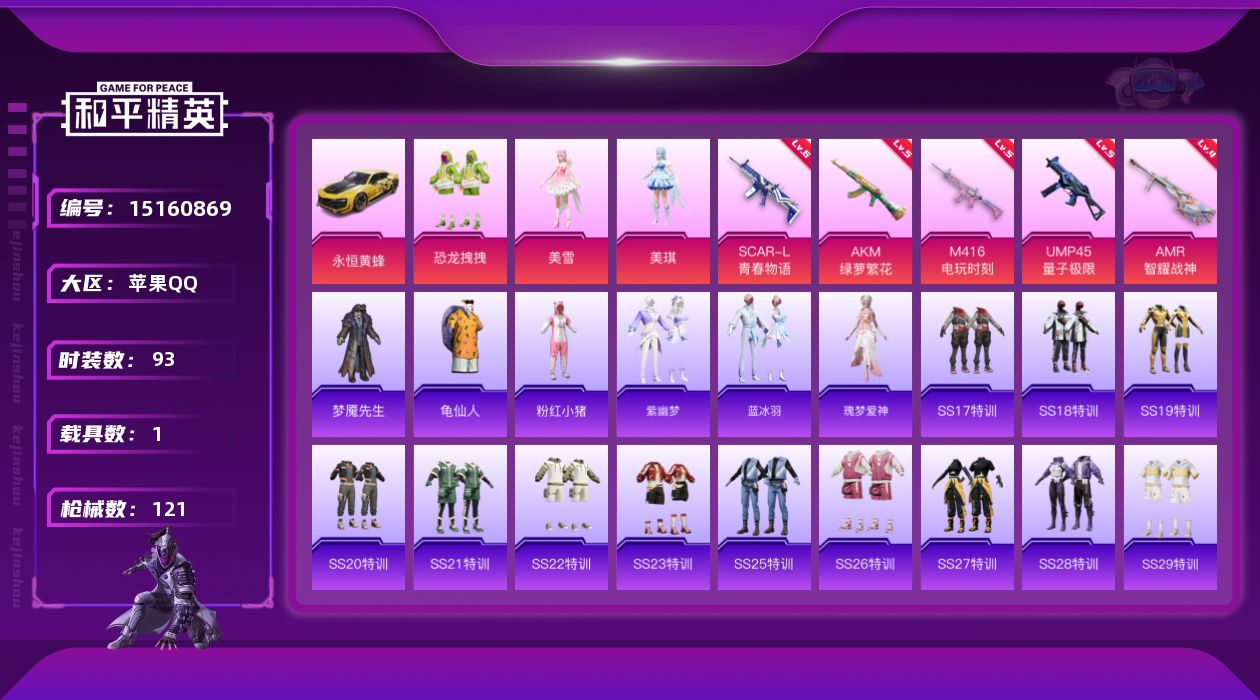 和平精英账号苹果QQ[15160869]可二次【店主推荐捡漏号！可直接换绑】/地铁满天赋 苹果 手Q-3粉装-5特效枪-1载具-1粉色飞行器-3.6w热力值-14王牌印记-93套装-121枪皮【热门品类】：套装-龟仙人，