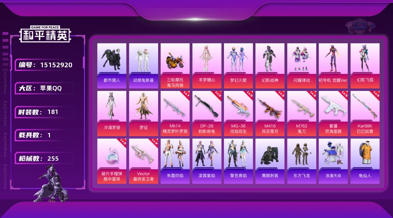 和平精英账号苹果QQ[15152920]素材身法号/地铁满天赋 苹果 手Q-8粉装-9特效枪-1载具-5粉色飞行器-8w热力值-15王牌印记-181套装-255枪皮【热门品类】：粉装-梦幻火箭，套装-浪漫天命，套装-都市