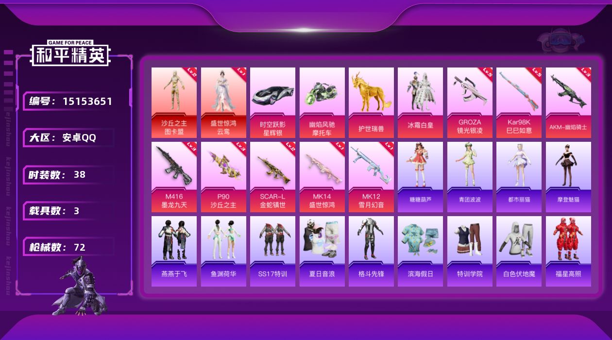 和平精英账号安卓QQ[15153651]【店主推荐捡漏号！可直接换绑】/素材身法号 安卓 手Q-2神装-1粉装-8特效枪-3载具-9粉色飞行器-3w热力值-1王牌印记-38套装-72枪皮【红色神装等级】：盛世惊鸿-云鸾(