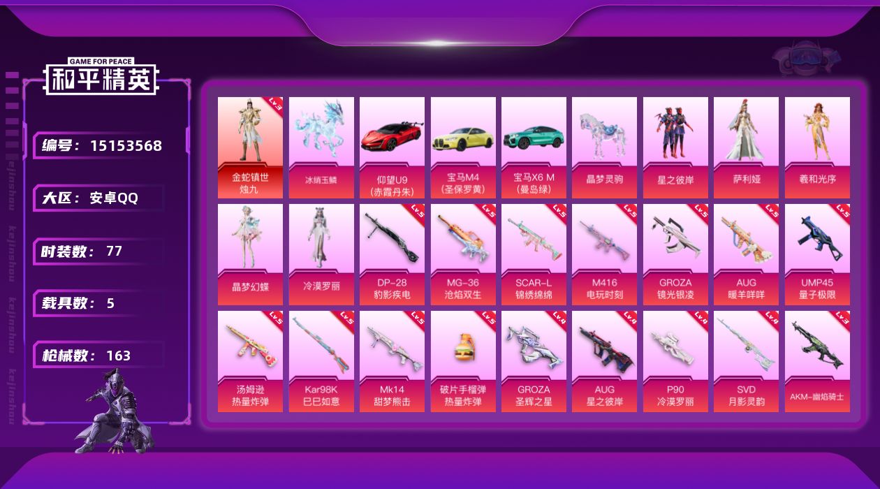 和平精英账号安卓QQ[15153568]【店主推荐捡漏号！可直接换绑】/素材身法号/地铁满天赋 安卓 手Q-1神装-5粉装-19特效枪-5载具-6粉色飞行器-5.7w热力值-3王牌印记-77套装-163枪皮【红色神装等级