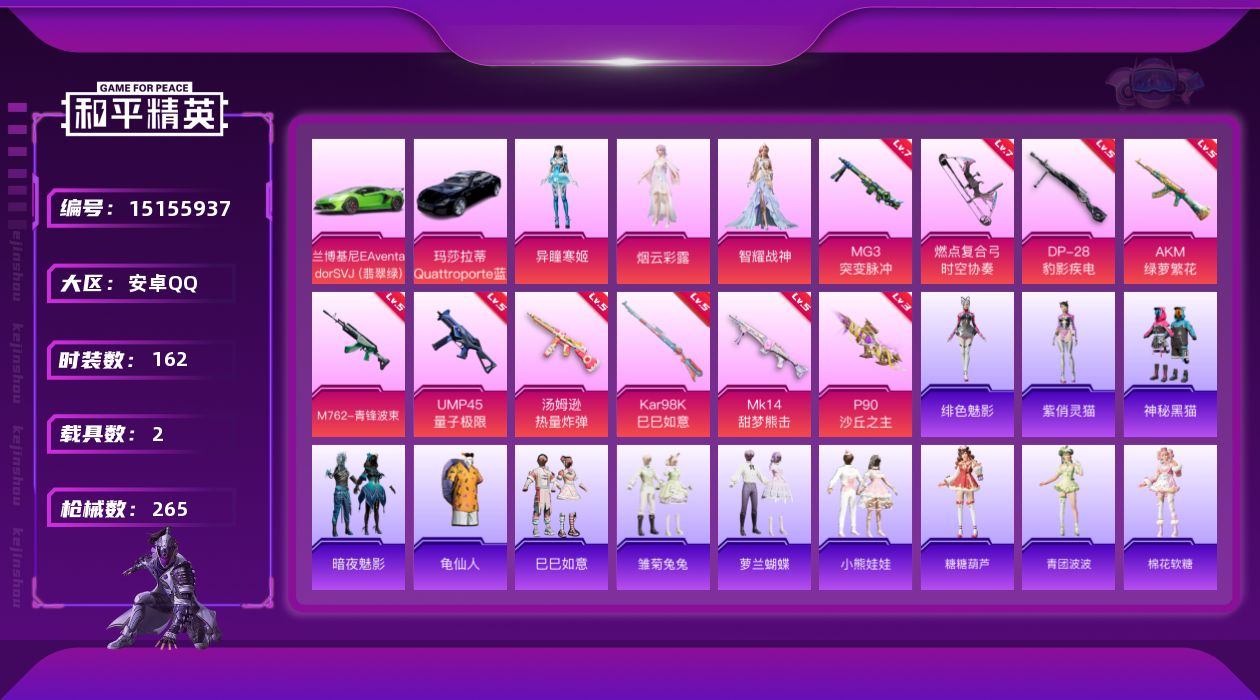 和平精英账号安卓QQ[15155937]【店主推荐捡漏号！可直接换绑】/素材身法号 安卓 手Q-3粉装-10特效枪-2载具-3粉色飞行器-7.8w热力值-14王牌印记-162套装-265枪皮【热门品类】：套装-龟仙人【粉