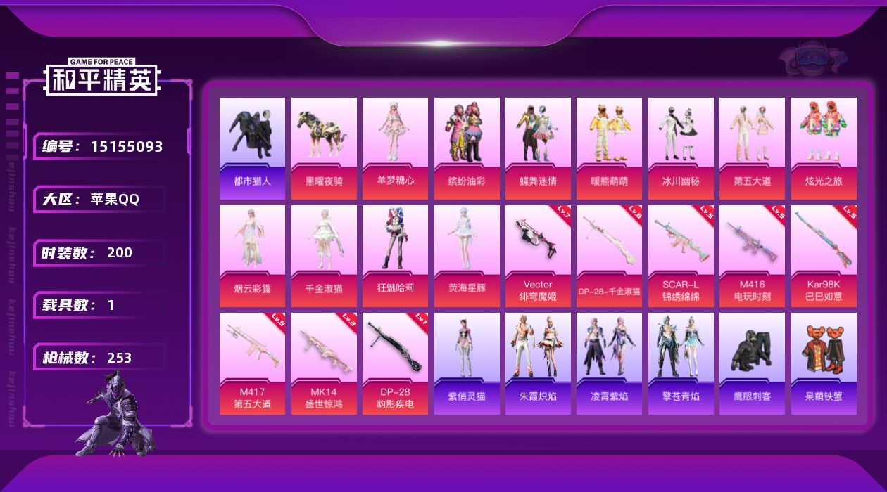 和平精英账号苹果QQ[15155093]可二次【店主推荐捡漏号！可直接换绑】/素材身法号/璀璨碎片1200/扭蛋碎片980 苹果 手Q-12粉装-8特效枪-1载具-12粉色飞行器-8.7w热力值-16王牌印记-200套装