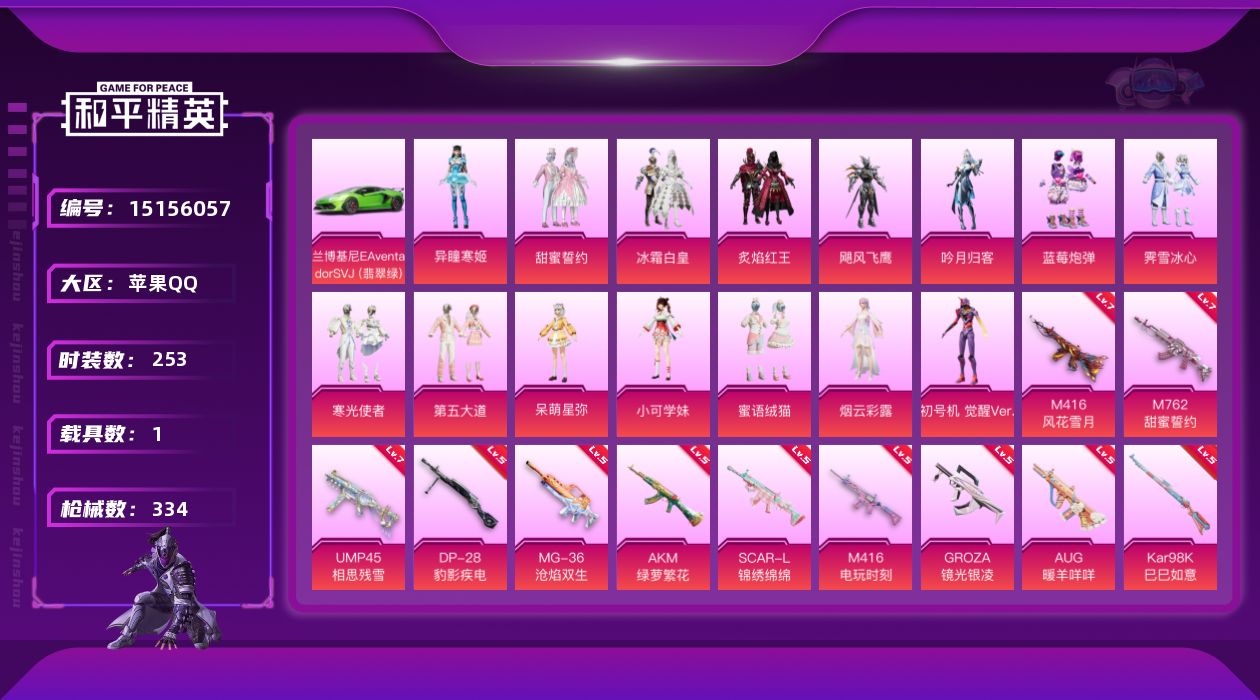 和平精英账号苹果QQ[15156057]可二次【店主推荐捡漏号！可直接换绑】/素材身法号/绝世印记2 苹果 手Q-16粉装-12特效枪-1载具-4粉色飞行器-11.4w热力值-21王牌印记-253套装-334枪皮【热门品